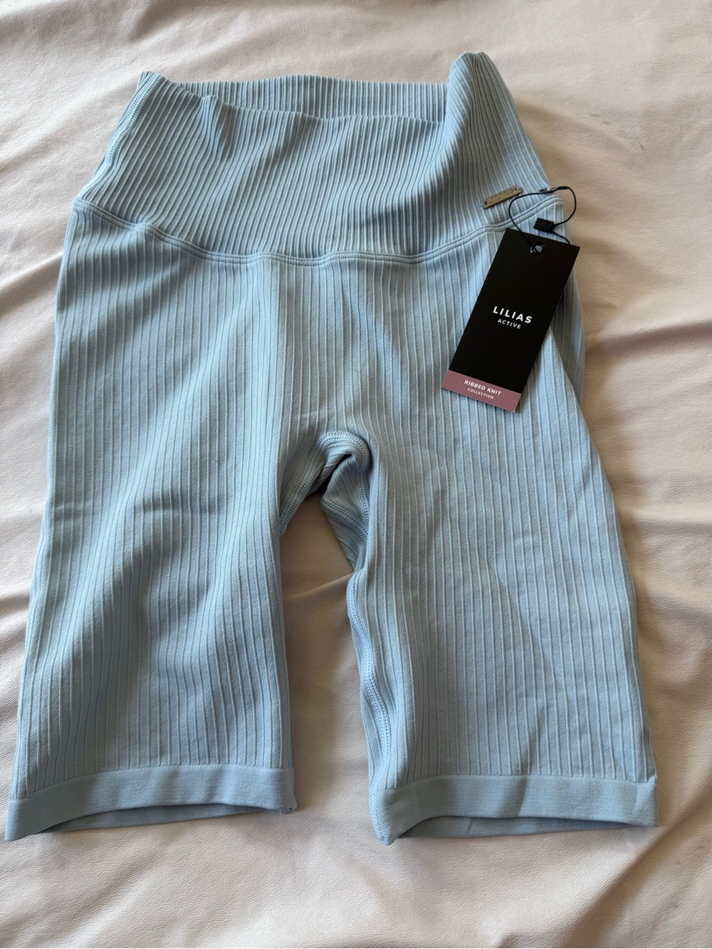 Ribbed High-Waist Light Blue Athletic Bike Shorts